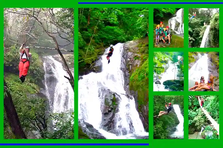 Photo collage of the best adventure hub in Costa Rica, featuring ziplining over 11 waterfalls, suspension bridges, and natural rainforest pools at Adventure Park Costa Rica.
