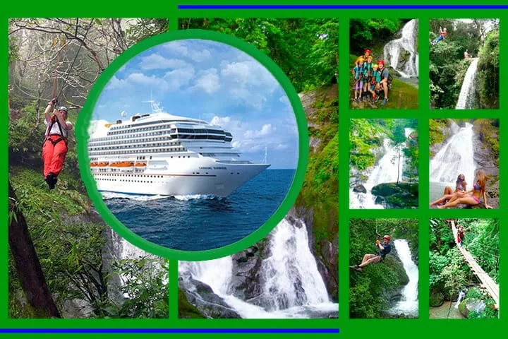 Panoramic view of rainforest canopy ziplining over 11 waterfalls, the top shore excursion from Puntarenas and Caldera cruise ports.